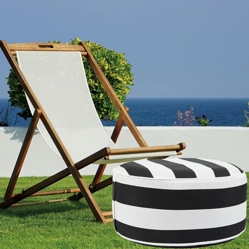 FUNHOME Inflatable Stool Ottoman Footrest with Handle, All Weather Footrest Seat with Foot Pump D20 xH9, Water Repellent Footstool Pouf for Home Patio Garden and Camping Use-Black White Stripe - Image 2
